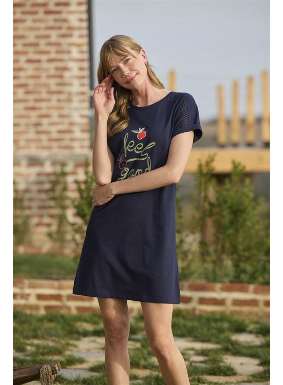 Meyve ve Yaprak Baskılı Dantelli "Feel Good" Gecelik