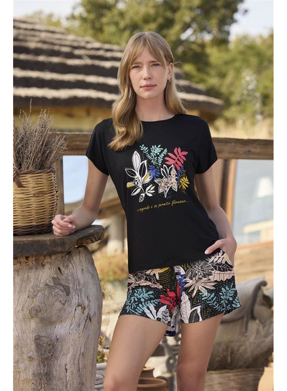 Yaprak Desenli ve Baskılı "o Segredo e se Permitir Florescer" Şort Takımı
