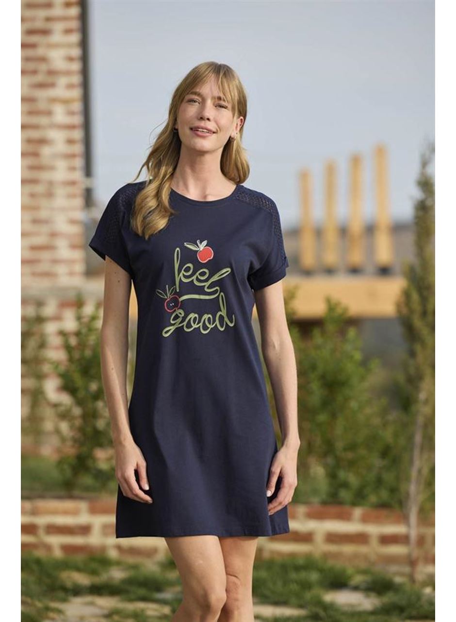 Meyve ve Yaprak Baskılı Dantelli "Feel Good" Gecelik