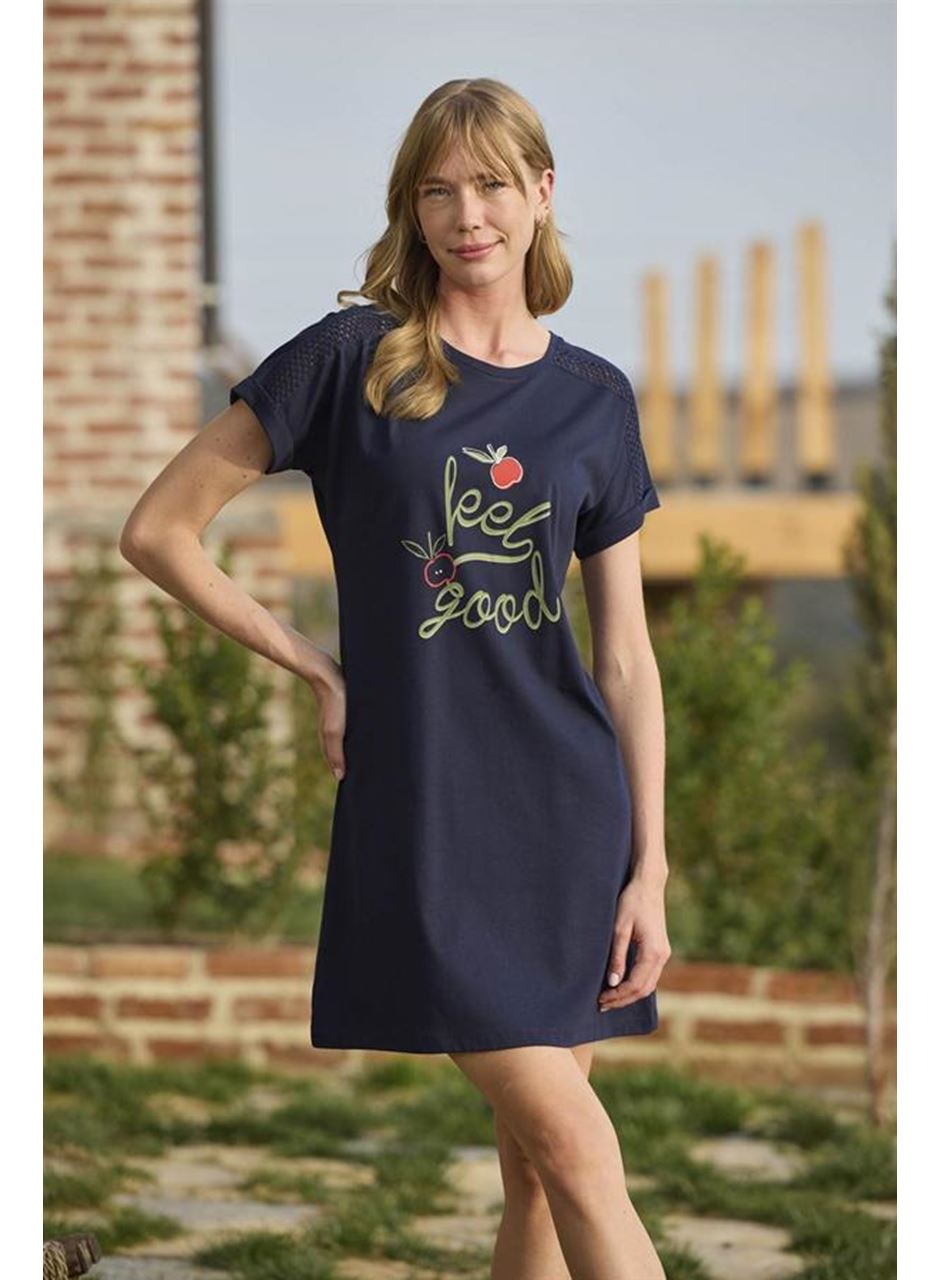 Meyve ve Yaprak Baskılı Dantelli "Feel Good" Gecelik