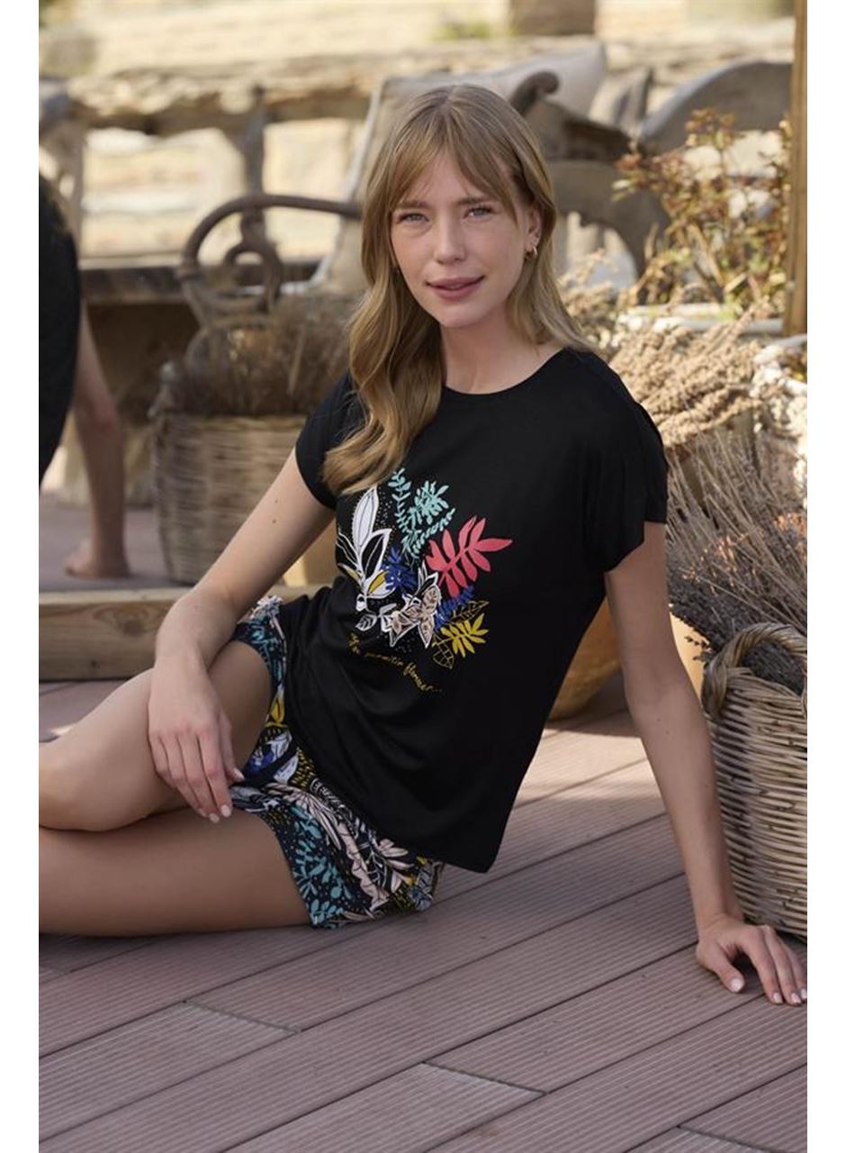 Yaprak Desenli ve Baskılı "o Segredo e se Permitir Florescer" Şort Takımı