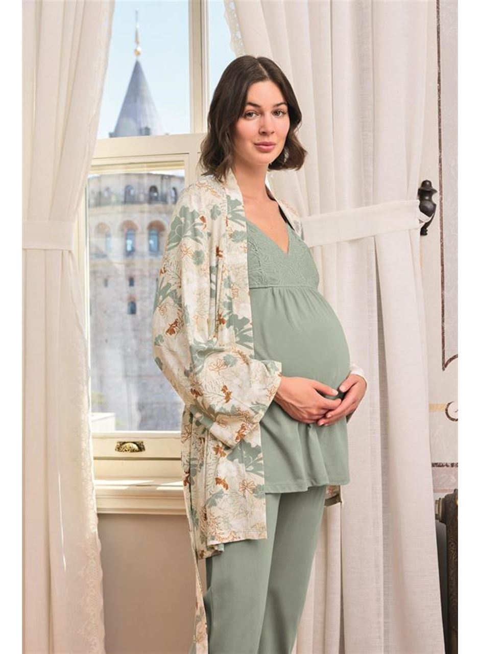 Çiçek ve Yaprak Desenli Dantelli Hamile Lohusa 3'lü Pijama Takımı