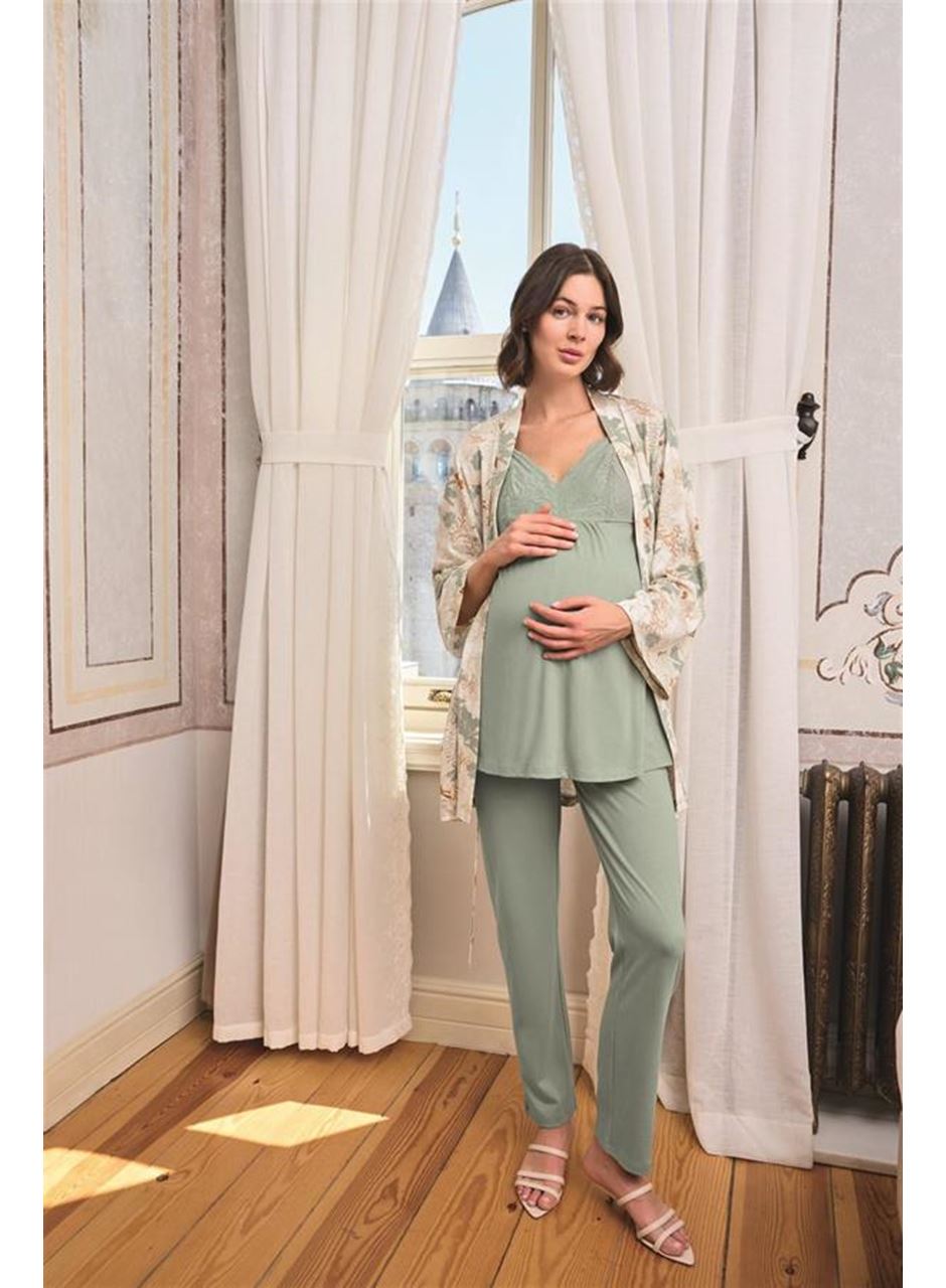 Çiçek ve Yaprak Desenli Dantelli Hamile Lohusa 3'lü Pijama Takımı