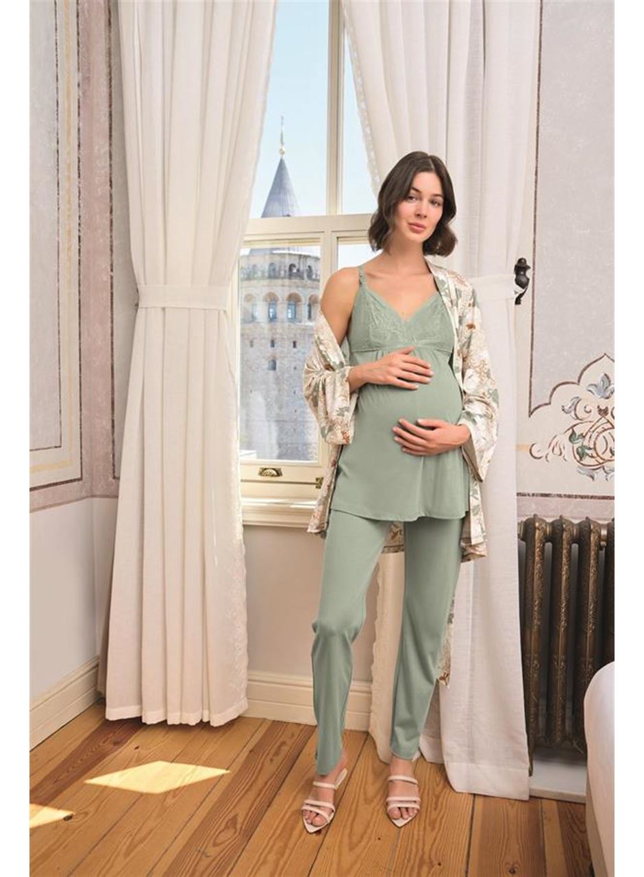 Çiçek ve Yaprak Desenli Dantelli Hamile Lohusa 3'lü Pijama Takımı
