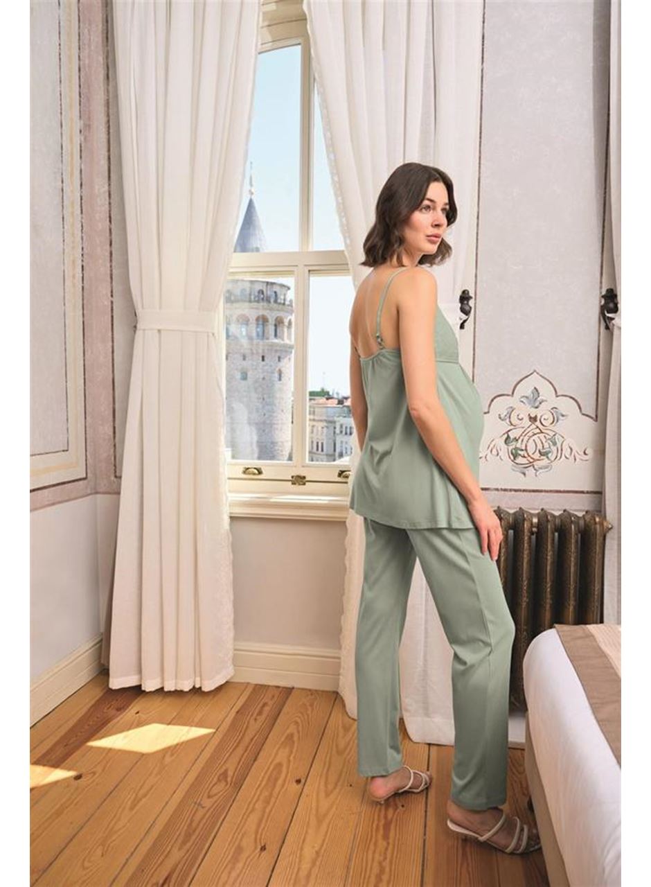 Çiçek ve Yaprak Desenli Dantelli Hamile Lohusa 3'lü Pijama Takımı