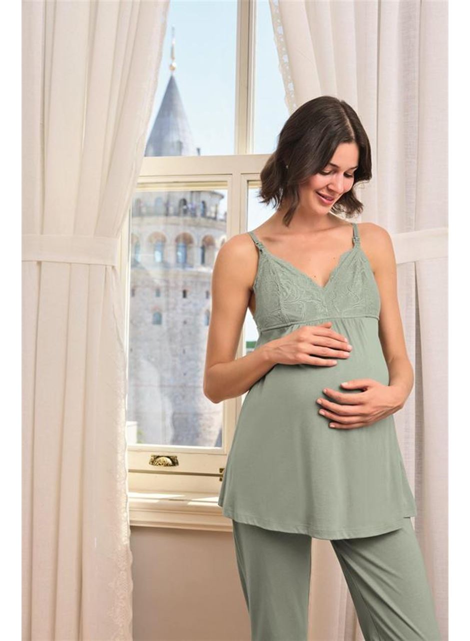 Çiçek ve Yaprak Desenli Dantelli Hamile Lohusa 3'lü Pijama Takımı