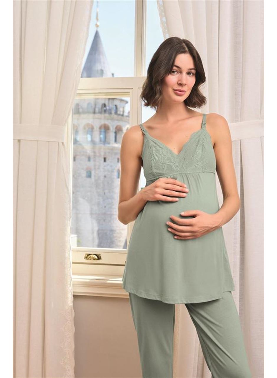 Çiçek ve Yaprak Desenli Dantelli Hamile Lohusa 3'lü Pijama Takımı