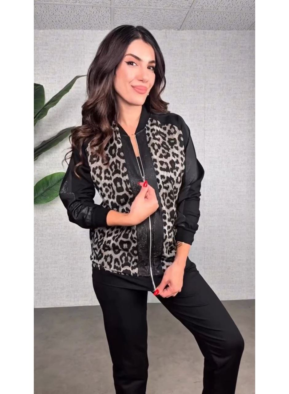Kadın Uzun Kollu önden Fermuarlı Leopar Desenli Viskon Iki Iplik Bluz Ve Pantolon Ikili Takım