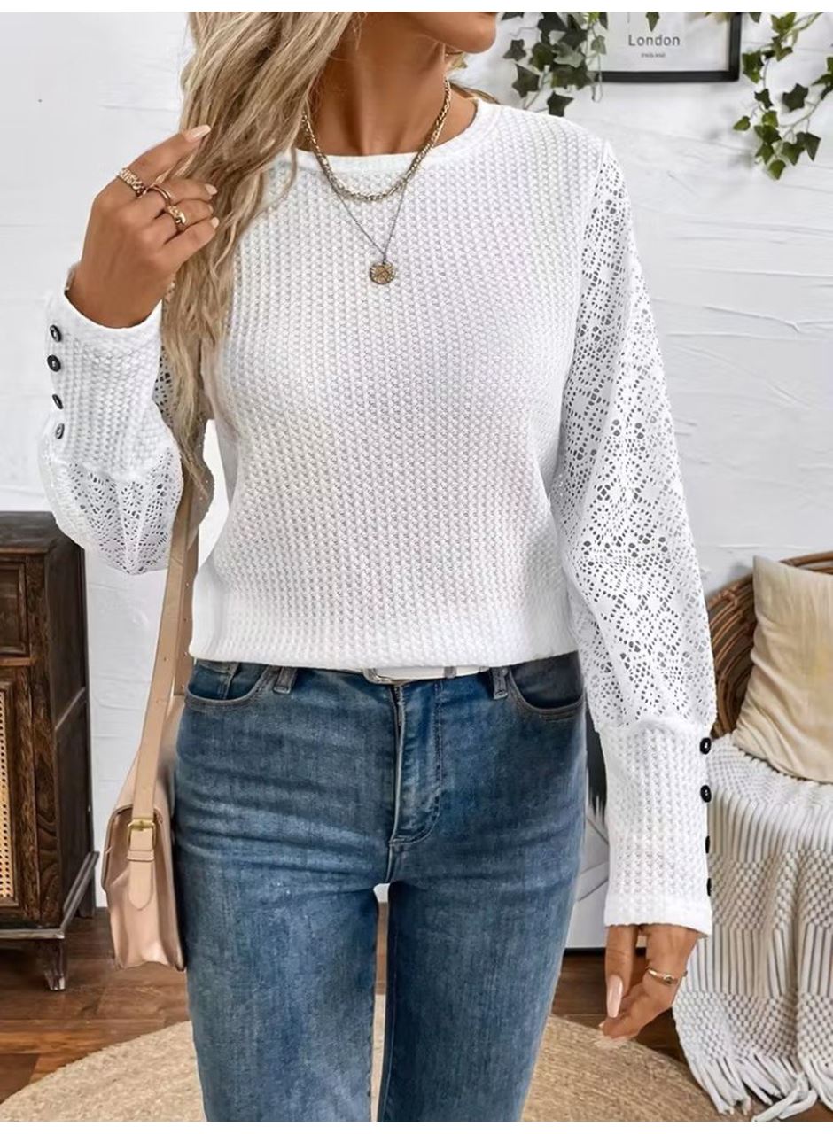 Kadın Uzun Kollu Bisiklet Yaka Kolları Tüllü Waffle Bluz