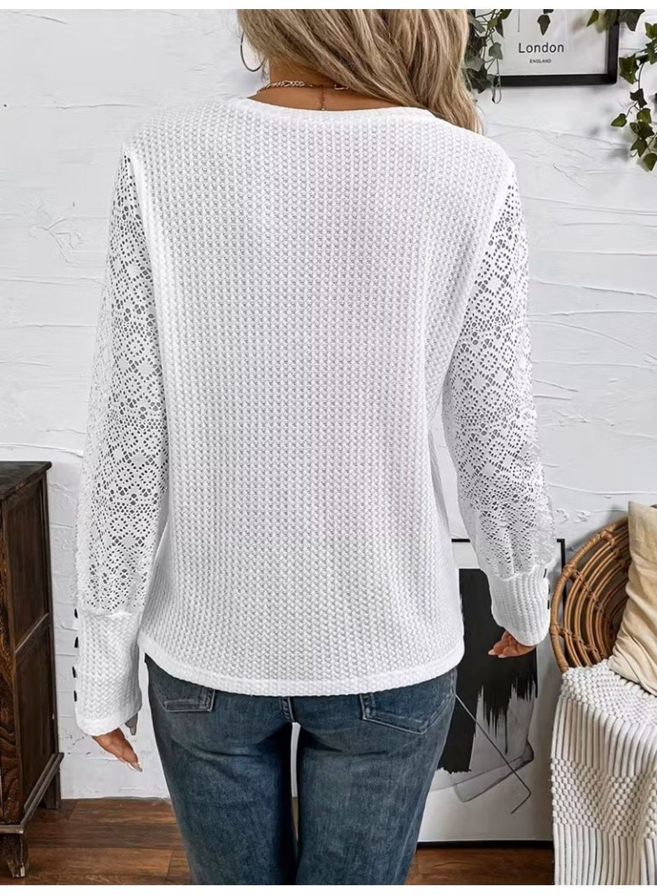 Kadın Uzun Kollu Bisiklet Yaka Kolları Tüllü Waffle Bluz