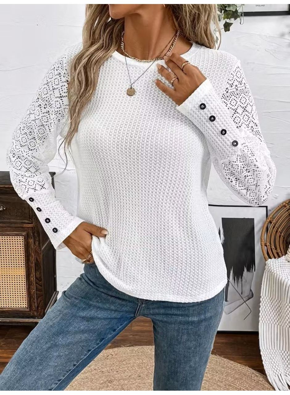 Kadın Uzun Kollu Bisiklet Yaka Kolları Tüllü Waffle Bluz