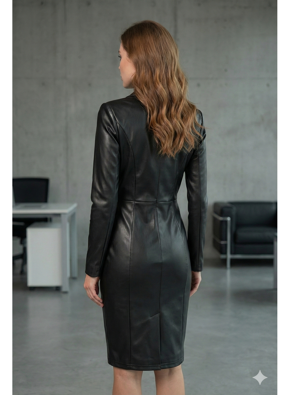 Kadın Uzun Kollu Yakalı Mini Deri Elbise