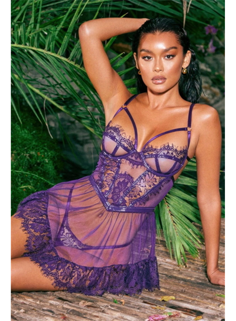 Britli Mor Takım Dantel Transparan Gecelik