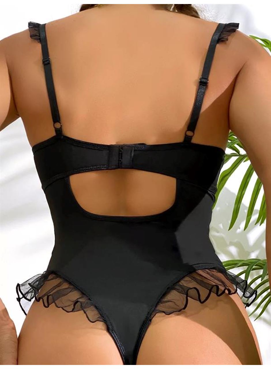 Siyah Tül İşlemeli Fantezi Body