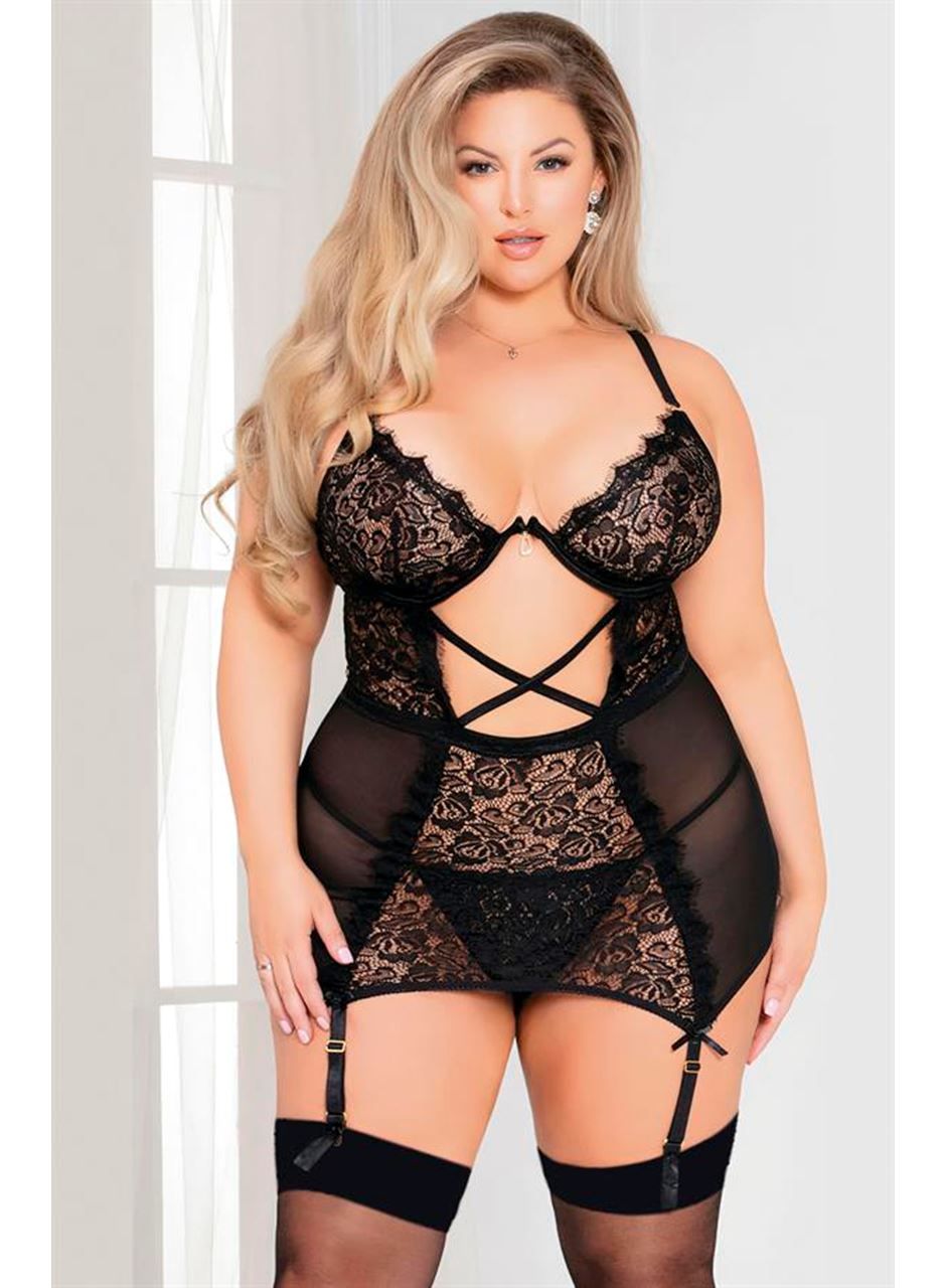 Özel Tasarım Büyük Beden Siyah Dantel İşlemeli Fantezi Jartiyer Takımı