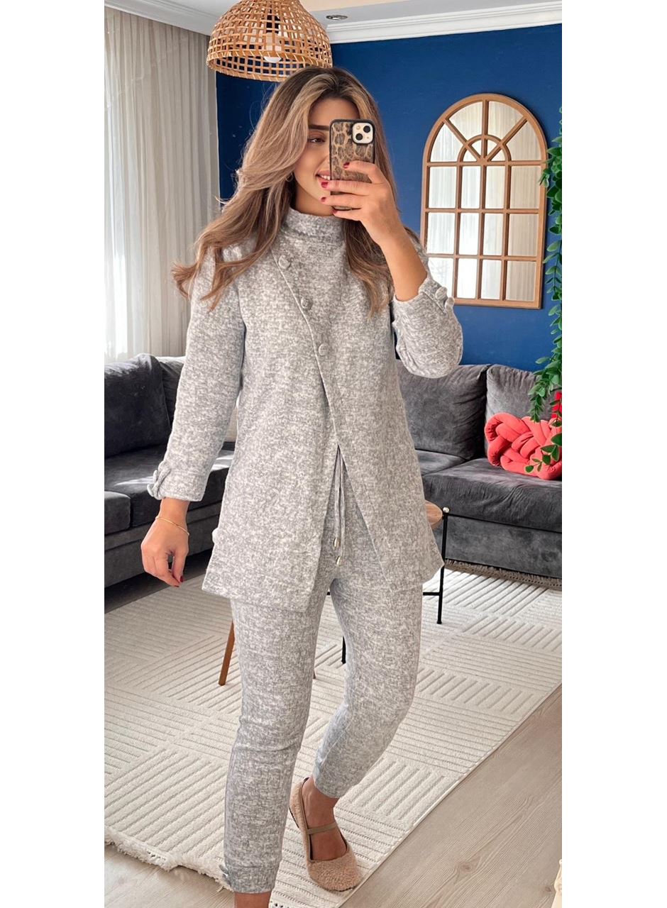 Kadın Uzun Kollu Balıkçı Yaka önden Düğmeli Bluz Ve Pantolon Yumoş Ikili Takım