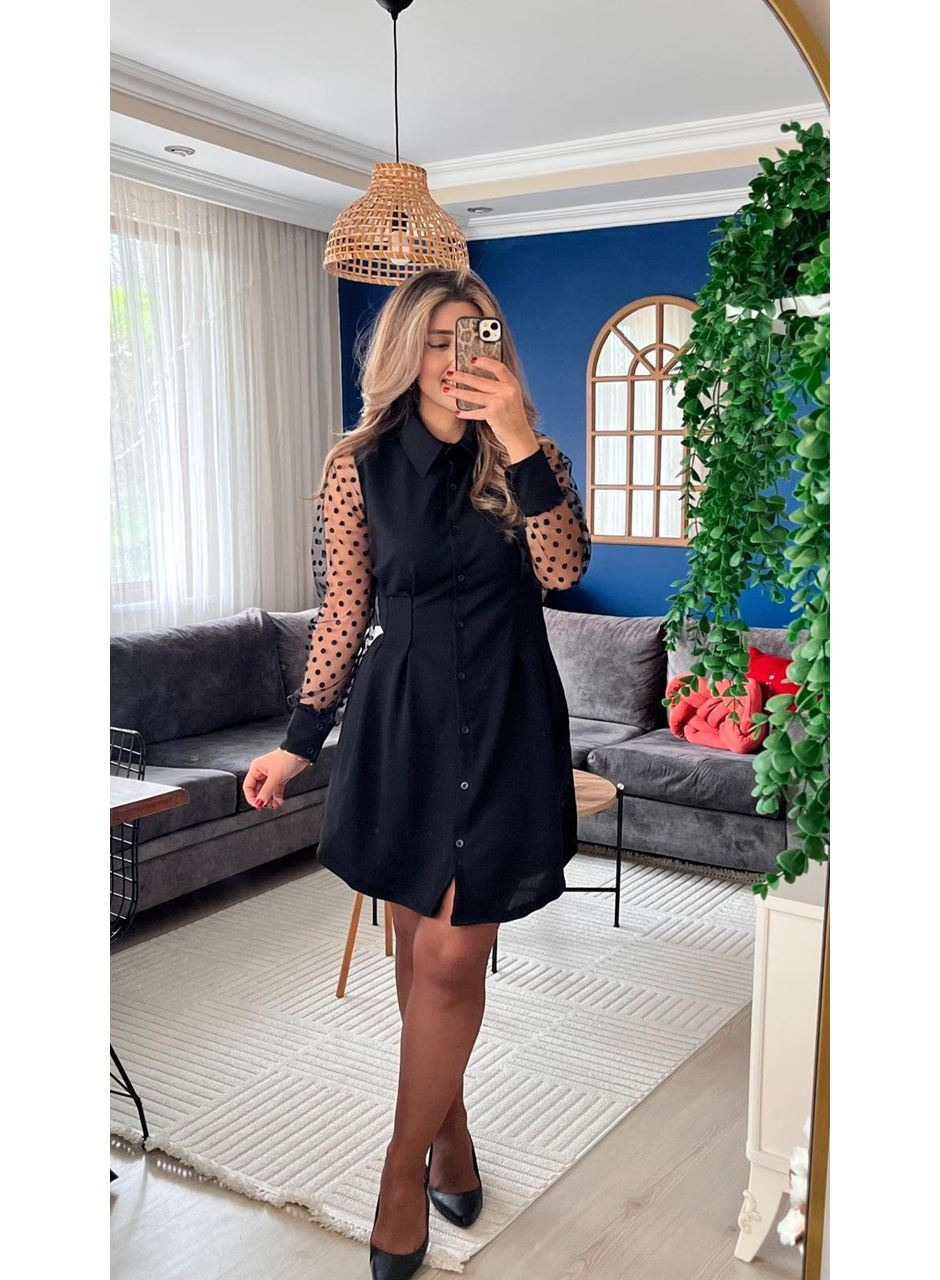 Kadın Uzun Kollu Yakalı Düğmeli Mini Ithal Krep Elbise