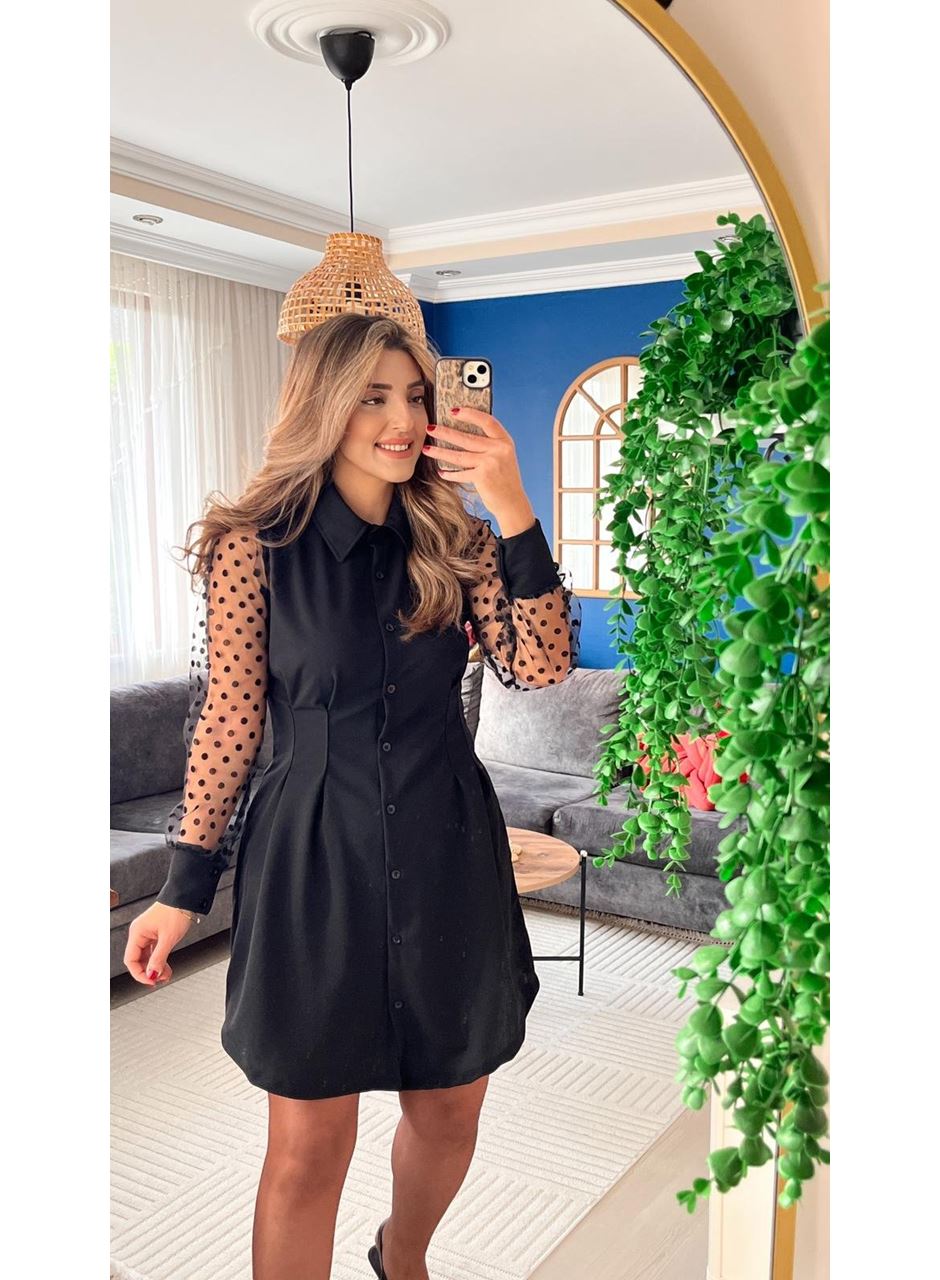 Kadın Uzun Kollu Yakalı Düğmeli Mini Ithal Krep Elbise