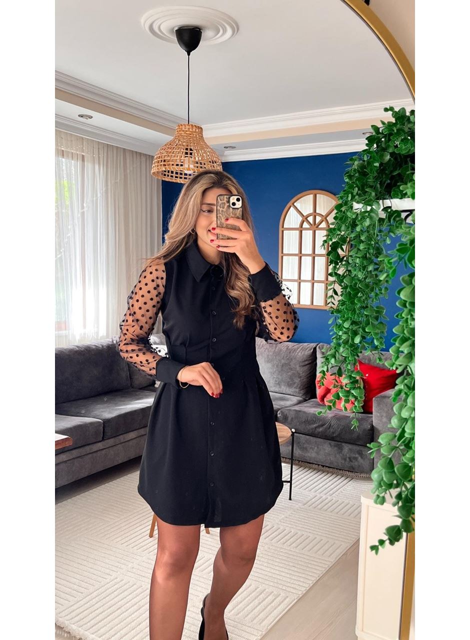 Kadın Uzun Kollu Yakalı Düğmeli Mini Ithal Krep Elbise