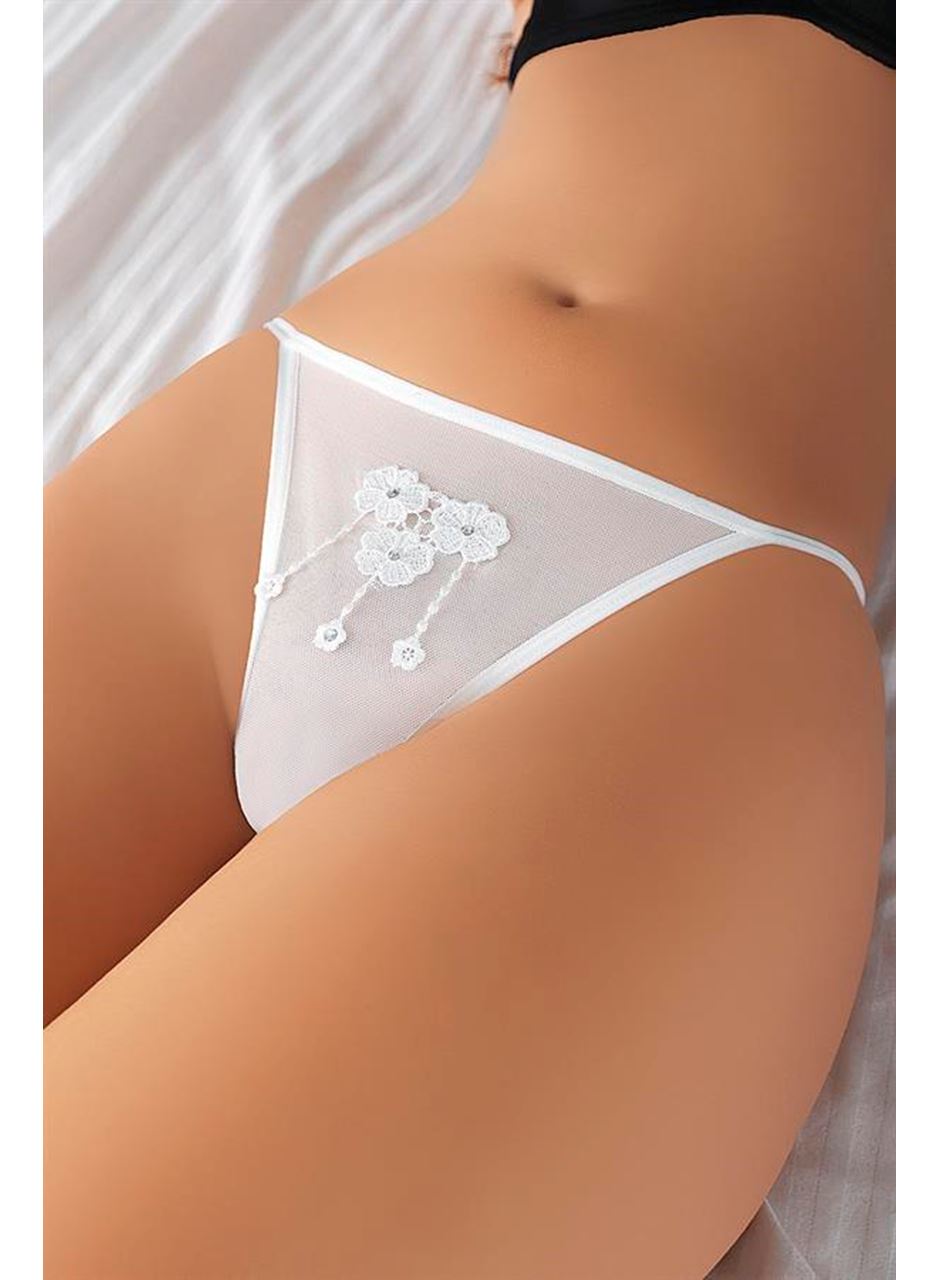 Beyaz Nakışlı Desenli Fantezi Tanga String