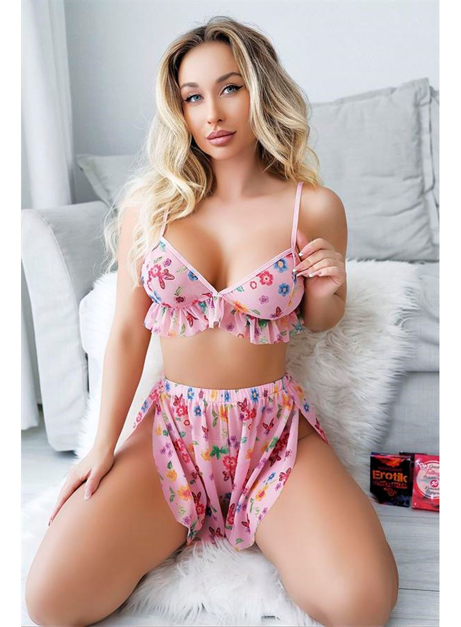 Pembe Desenli Fantezi Tül Şortlu Sütyen Takımı