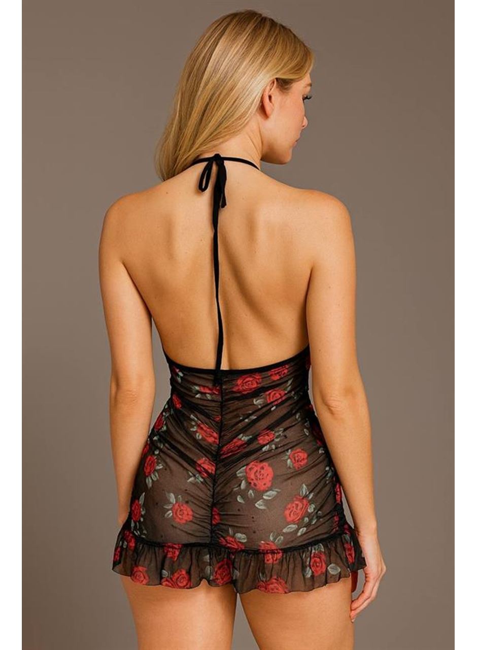 Siyah Dantel İşlemeli Gül Desenli Mini Fantezi Gecelik