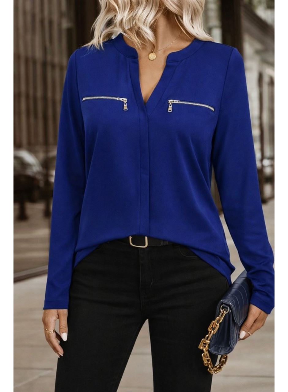 Kadın Uzun Kollu V Hakim Yaka Fermuar Detaylı Viskon Bluz