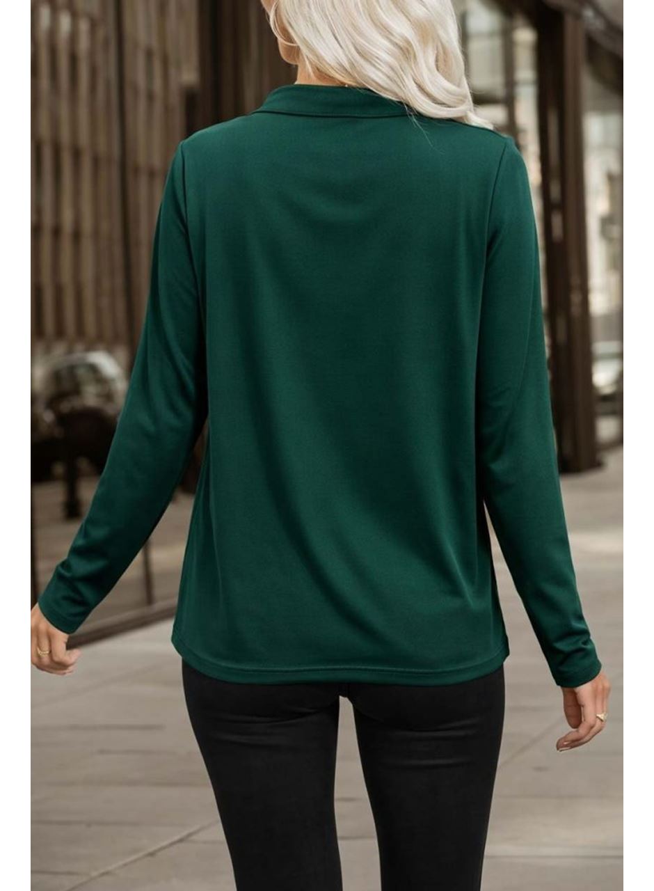 Kadın Uzun Kollu V Hakim Yaka Fermuar Detaylı Viskon Bluz