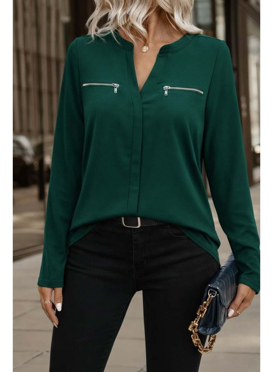 Kadın Uzun Kollu V Hakim Yaka Fermuar Detaylı Viskon Bluz