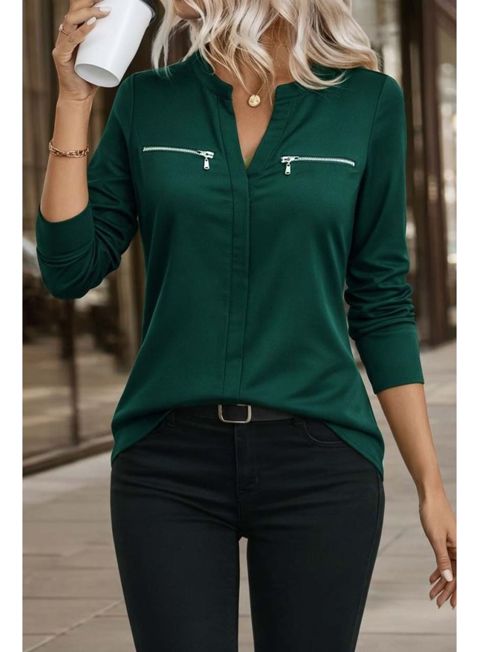 Kadın Uzun Kollu V Hakim Yaka Fermuar Detaylı Viskon Bluz