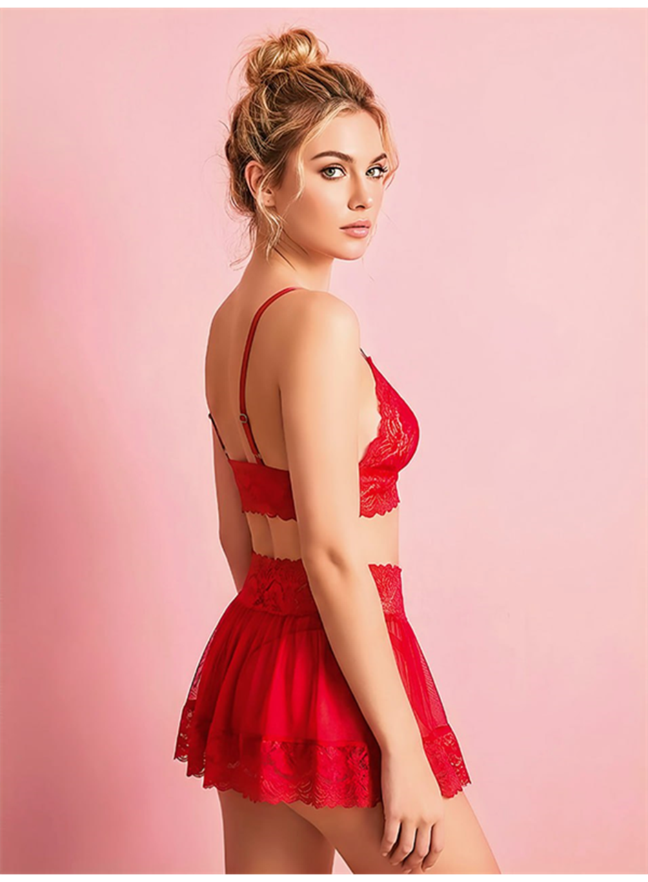 Kırmızı Dantel İşlemeli Kurdelalı Büstiyer Etek Takımı