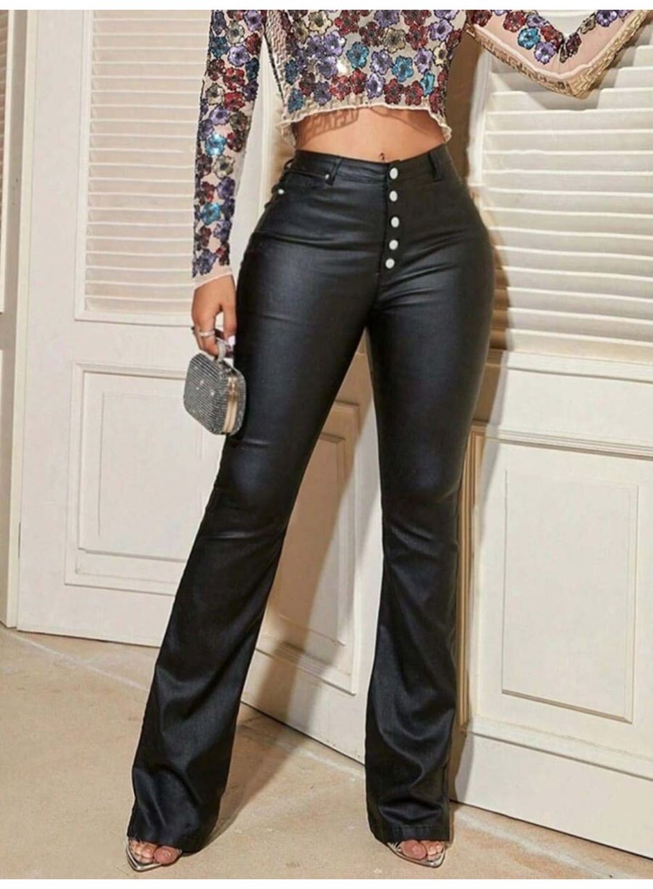 Kadın Yüksek Bel önden Düğmeli Deri Pantolon