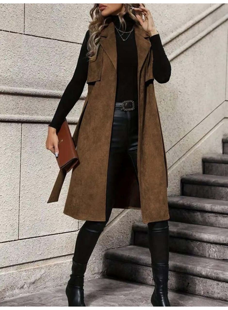 Kadın Kolsuz Yakalı önü Açık Belden Kuşaklı Süet Midi Yelek