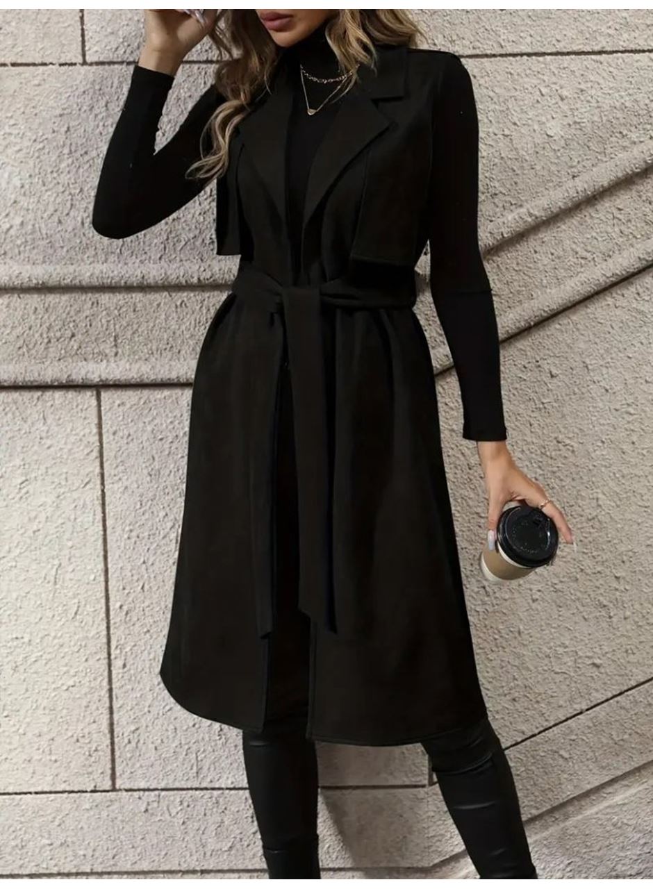 Kadın Kolsuz Yakalı önü Açık Belden Kuşaklı Süet Midi Yelek