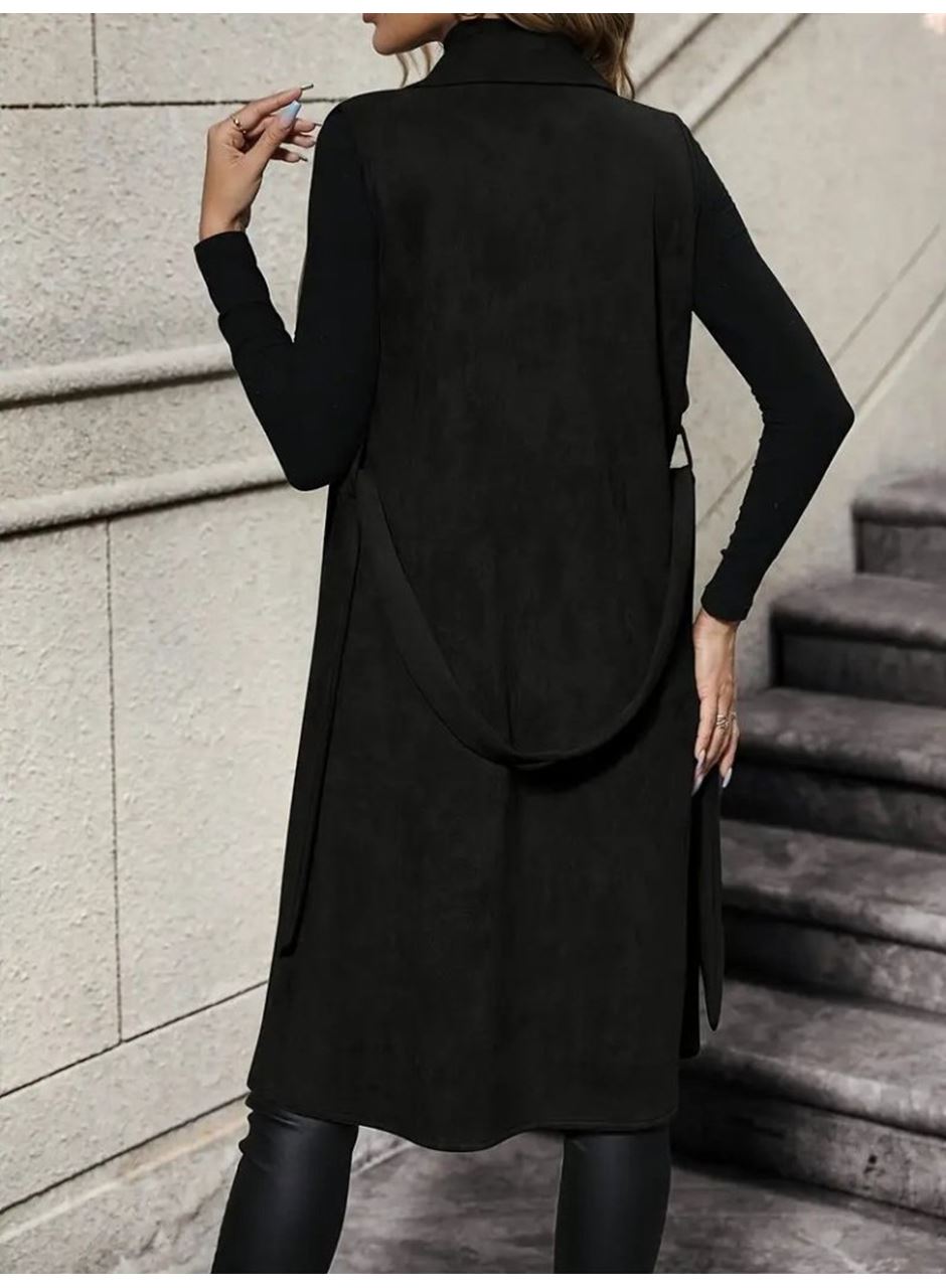 Kadın Kolsuz Yakalı önü Açık Belden Kuşaklı Süet Midi Yelek