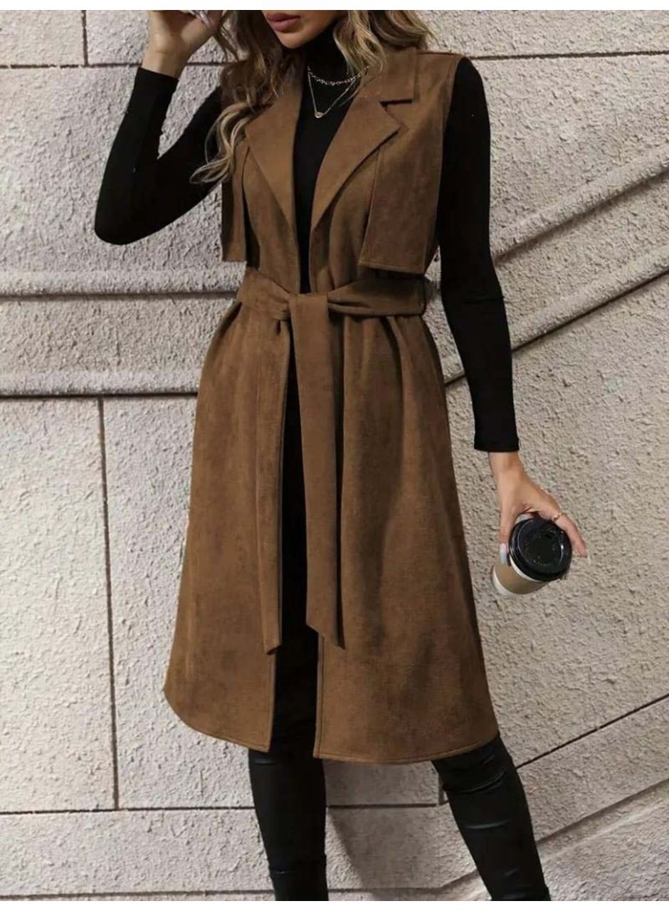 Kadın Kolsuz Yakalı önü Açık Belden Kuşaklı Süet Midi Yelek