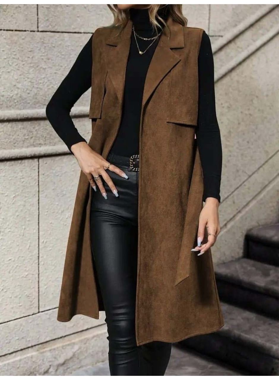 Kadın Kolsuz Yakalı önü Açık Belden Kuşaklı Süet Midi Yelek