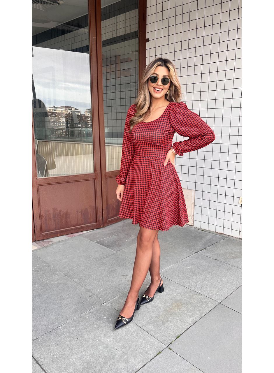 Kadın Uzun Kollu Kare Kalp Yakalı Mini Modal Elbise