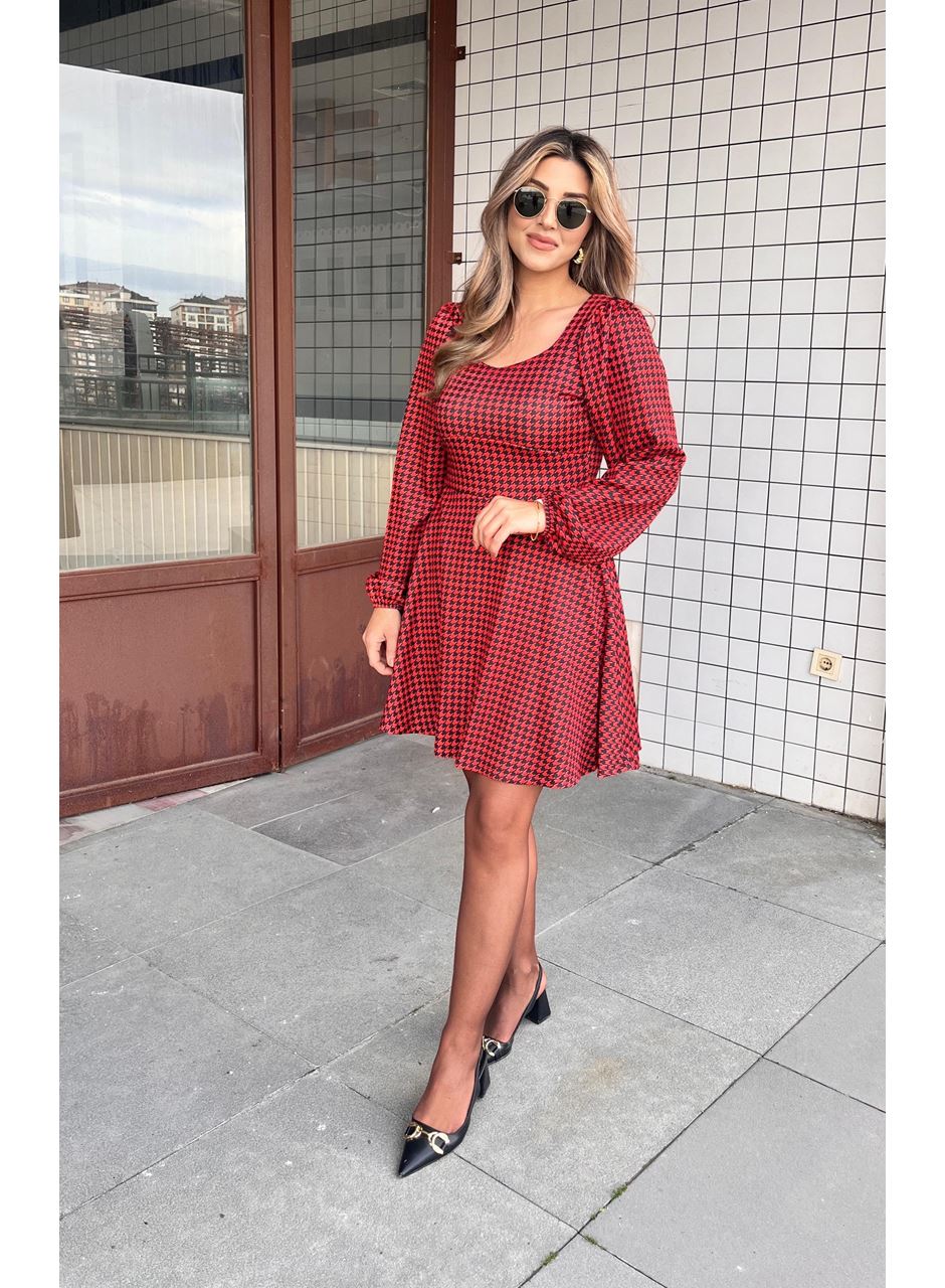 Kadın Uzun Kollu Kare Kalp Yakalı Mini Modal Elbise