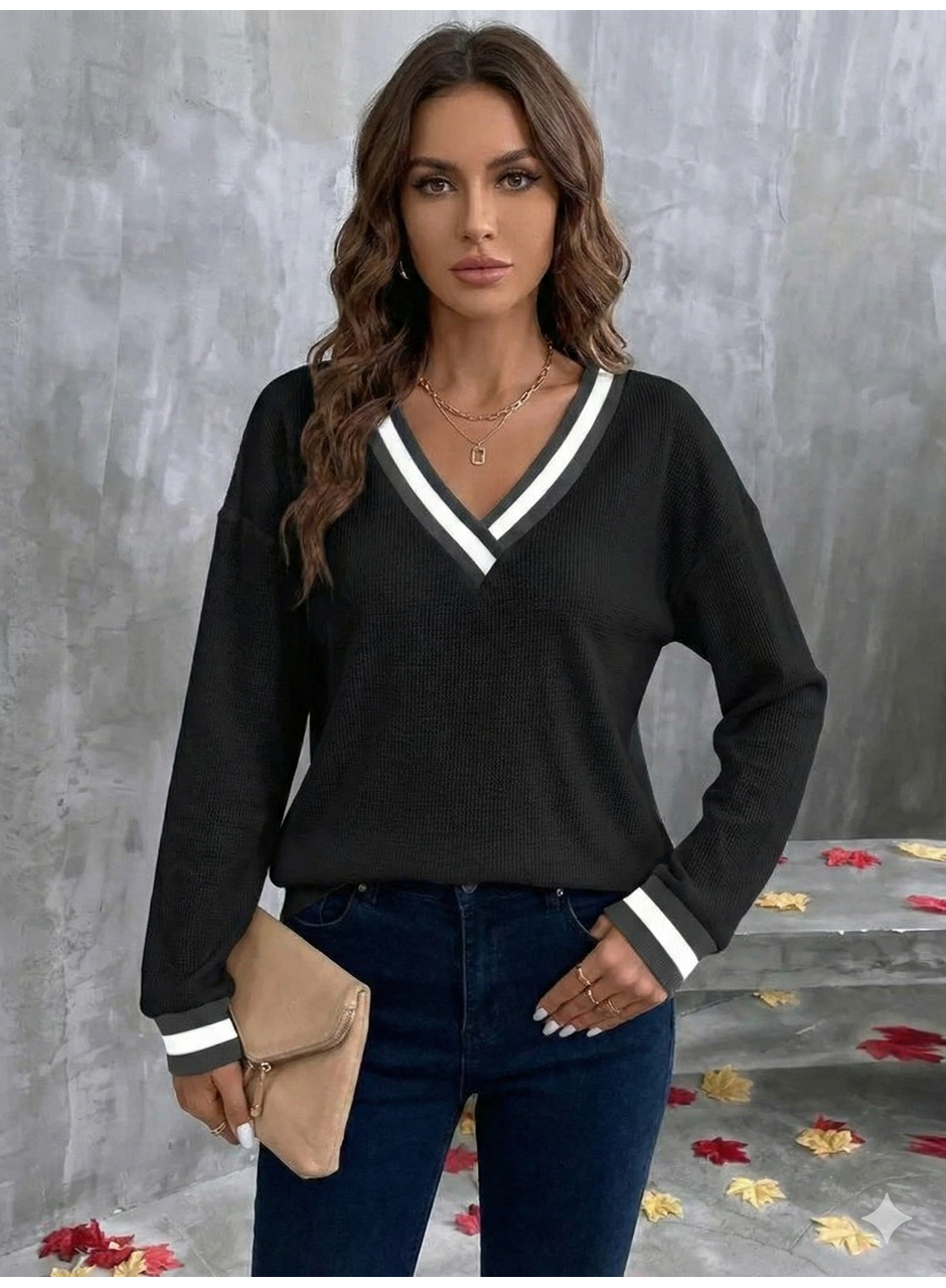 Kadın Uzun Kollu V Yakalı Waffle Bluz