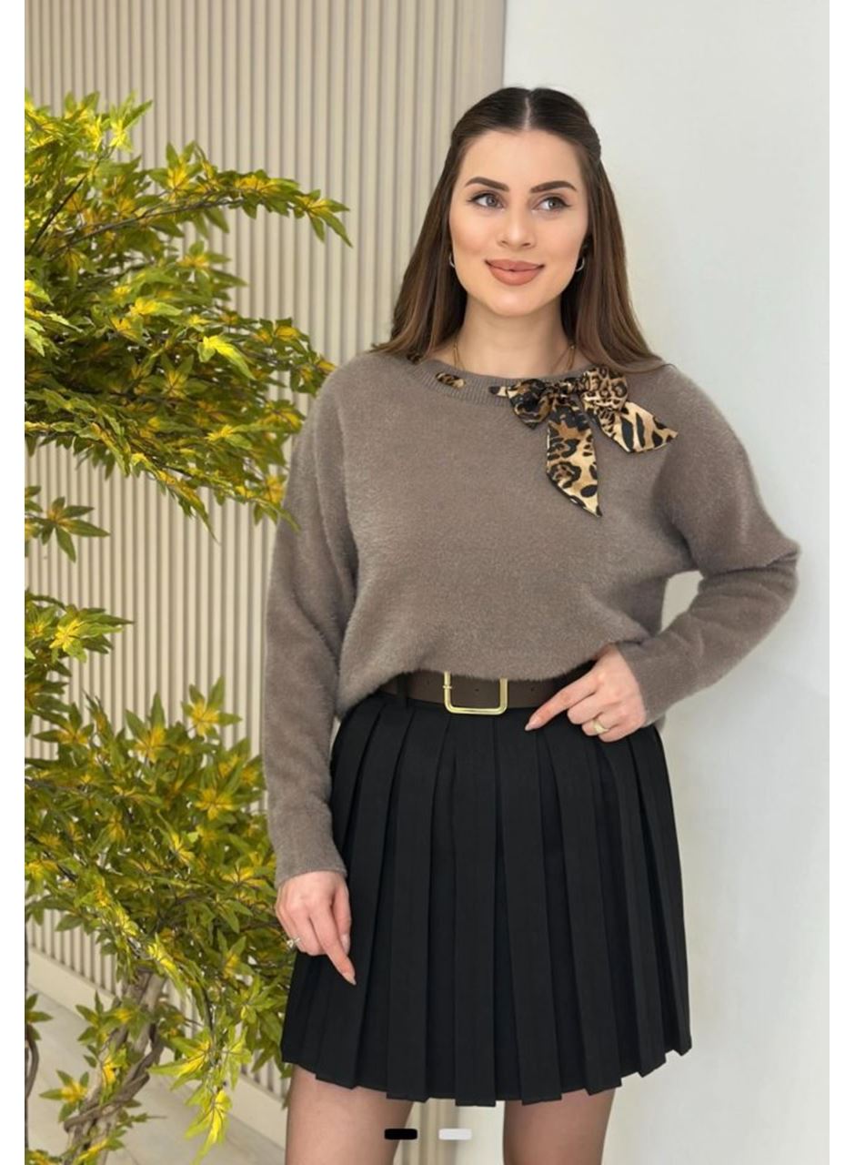 Kadın Leopar Desen Flar Detay Bisiklet Yaka Triko Kazak