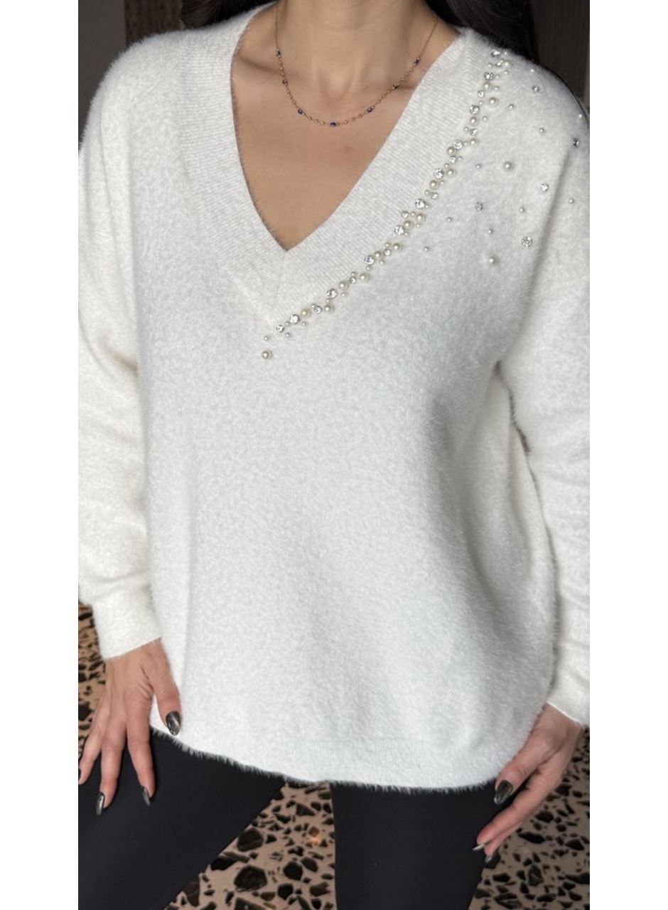 Kadın V Yaka Uzun Kollu Inci Detay Triko Bluz