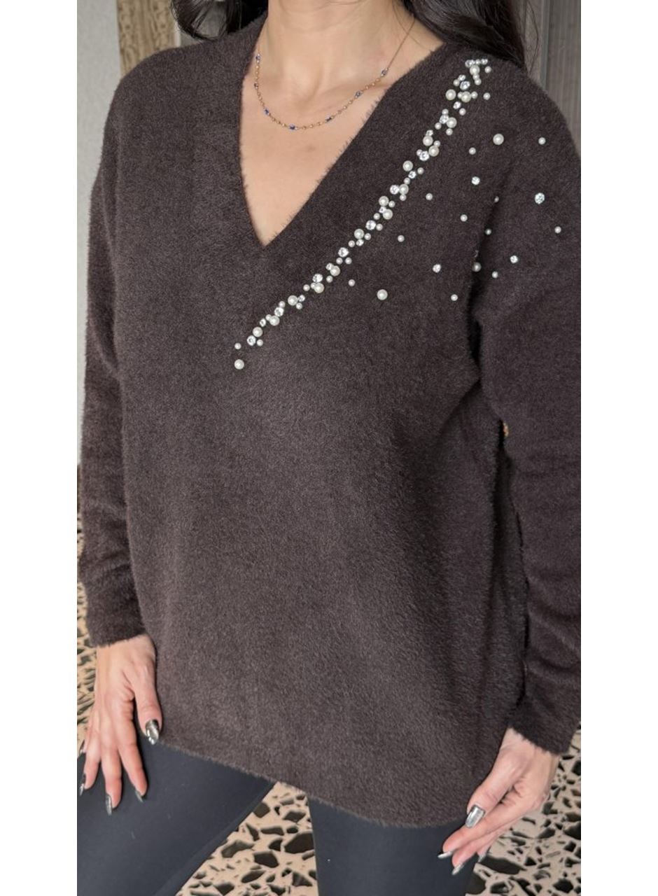 Kadın V Yaka Uzun Kollu Inci Detay Triko Bluz