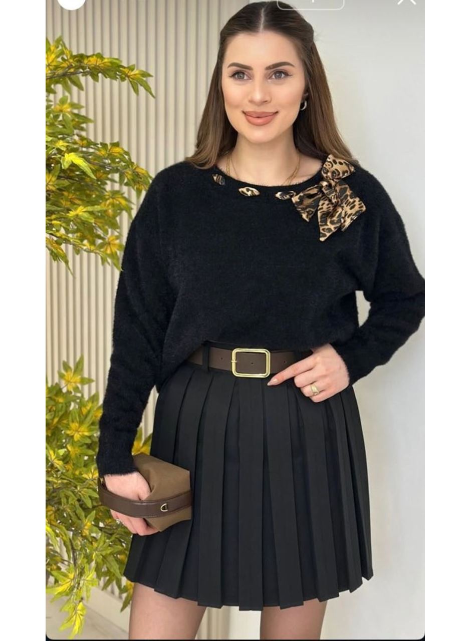 Kadın Leopar Desen Flar Detay Bisiklet Yaka Triko Kazak