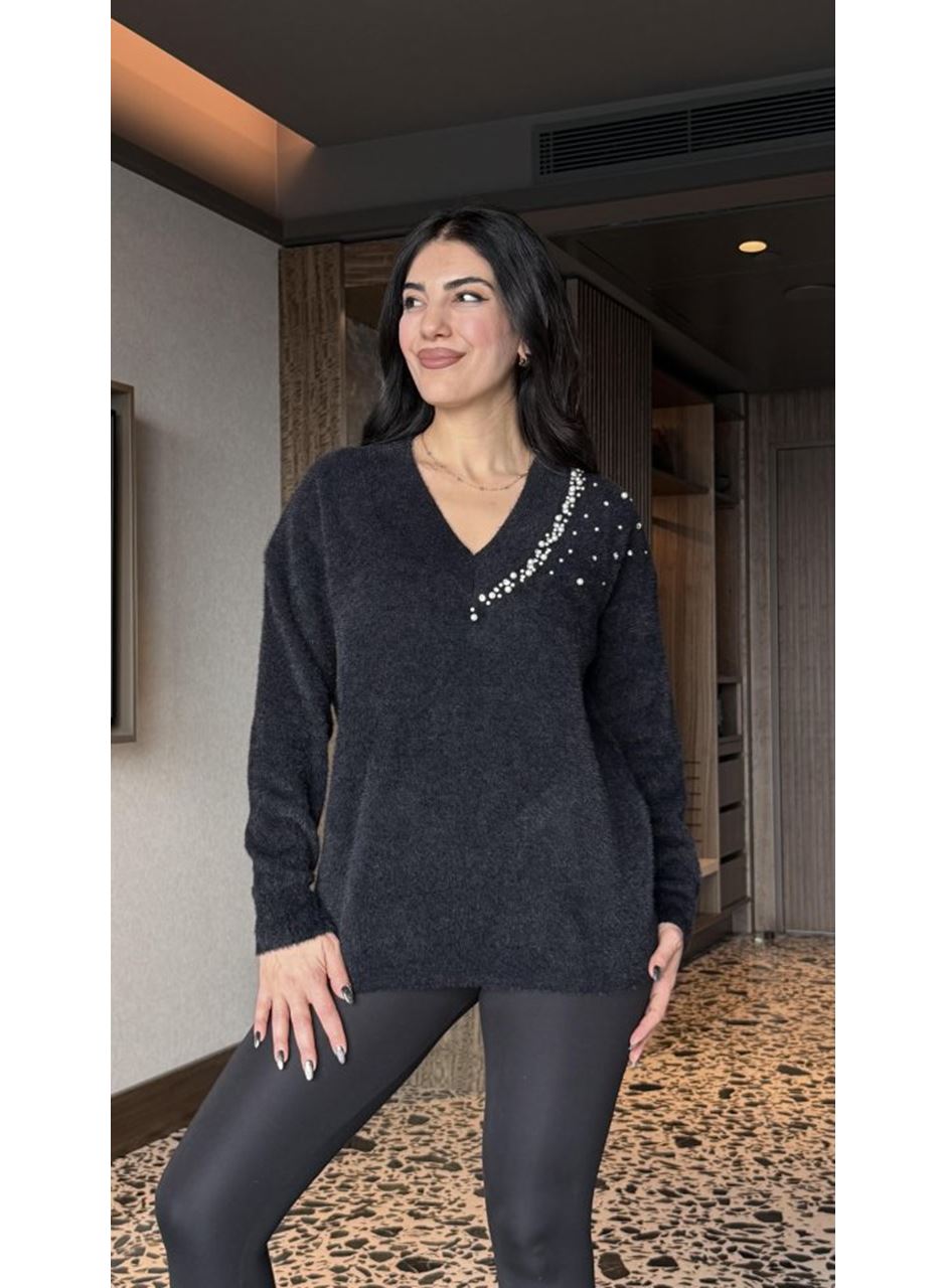 Kadın V Yaka Uzun Kollu Inci Detay Triko Bluz