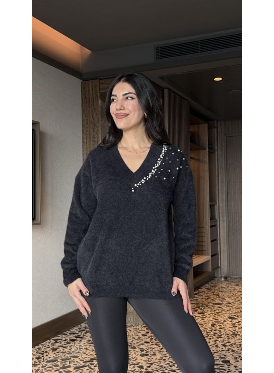 Kadın V Yaka Uzun Kollu Inci Detay Triko Bluz