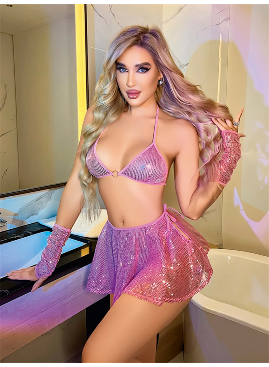 Pembe Parlak Işıltılı Fantezi Etekli Sütyen Takımı