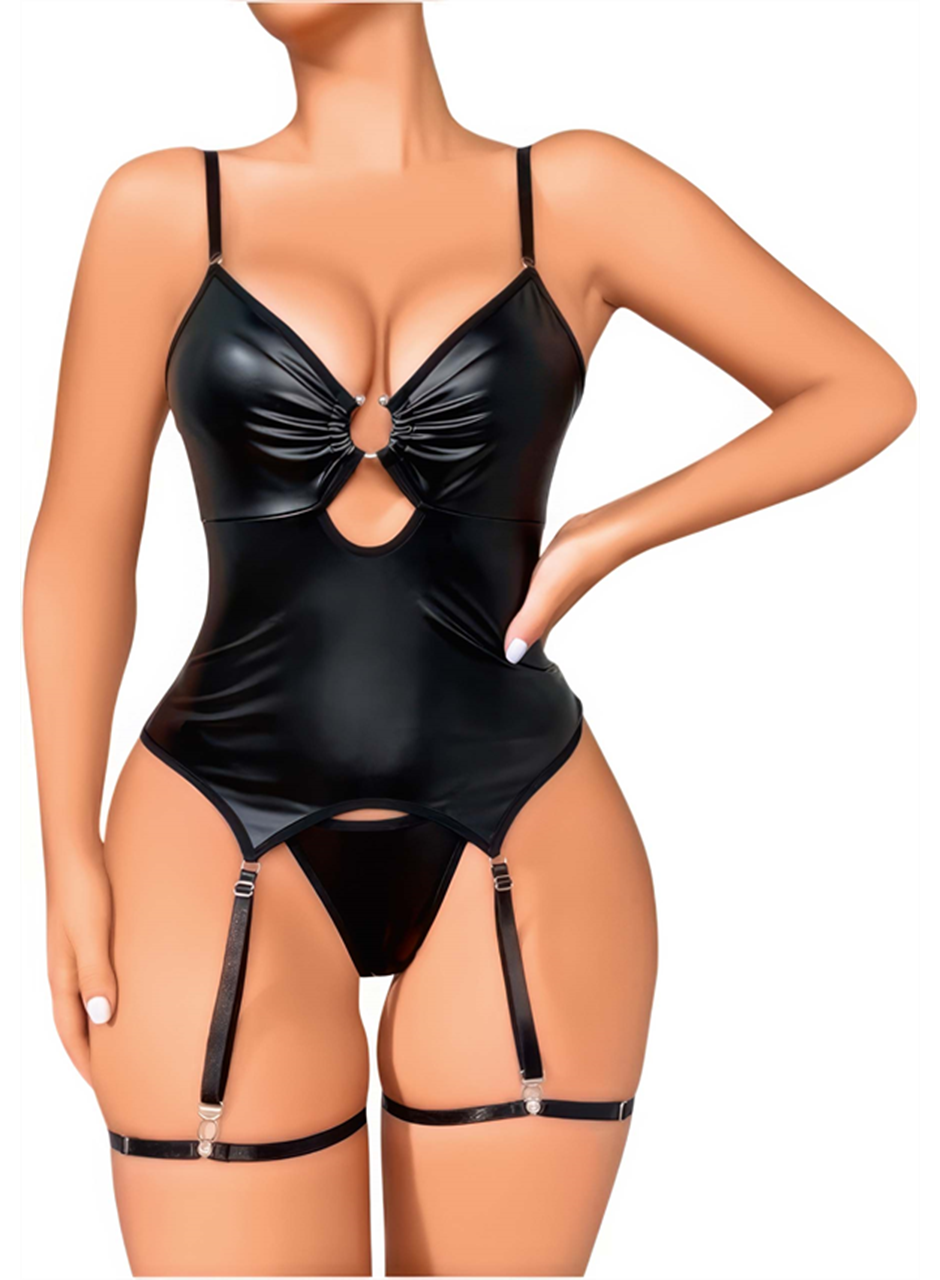 Siyah Lame Fantezi Deri Jartiyer Takımı