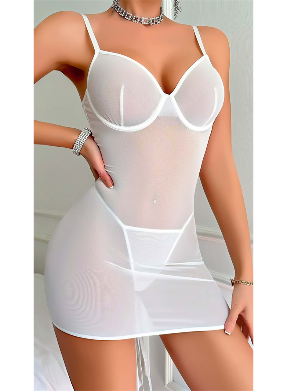 Beyaz Arkası İp Detaylı Fantezi Tül Gecelik