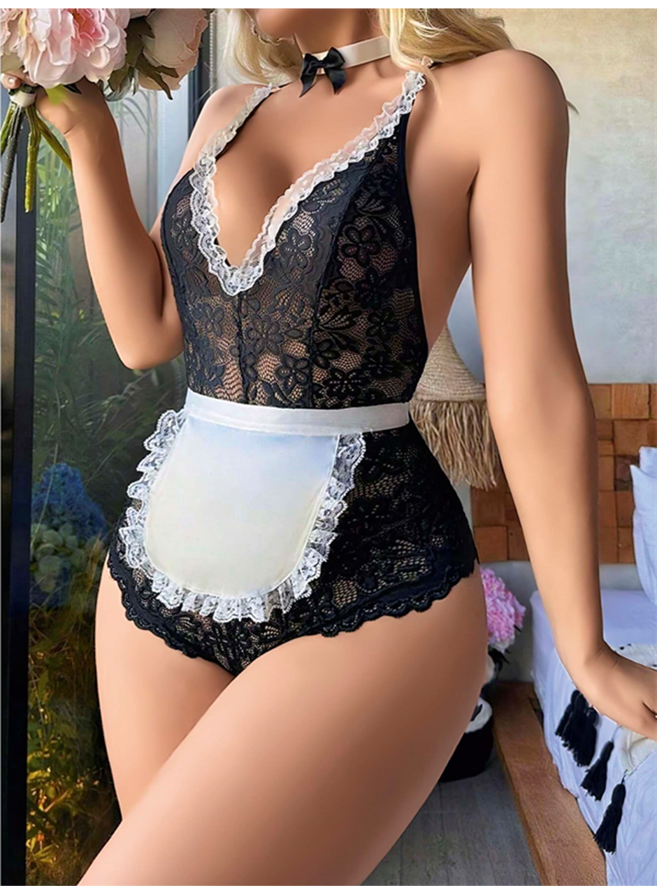 Siyah Dantel İşlemeli Kurdelalı Fransız Hizmetçi Kostümü